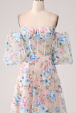 A-Line Apricot Flower Off the Shoulder Long Corset Ball Dress