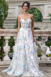 White Blue Flower A Line Sweetheart Corset Long Ball Dress with Slit