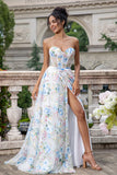 White Blue Flower A Line Sweetheart Corset Long Ball Dress with Slit