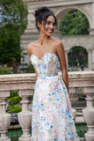 White Blue Flower A Line Sweetheart Corset Long Ball Dress with Slit