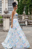 White Blue Flower A Line Sweetheart Corset Long Ball Dress with Slit