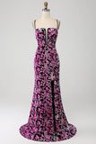 Sparkly Mermaid Fuchsia Black Sequin Ball Dress With Side Slit