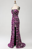 Sparkly Mermaid Fuchsia Black Sequin Ball Dress With Side Slit