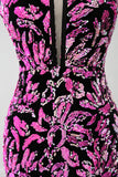 Sparkly Mermaid Fuchsia Black Sequin Ball Dress With Side Slit