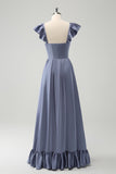 Grey Blue A Line Backless Corset Chiffon Bridesmaid Dress