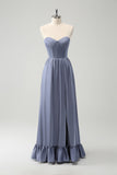 Grey Blue A Line Backless Corset Chiffon Bridesmaid Dress