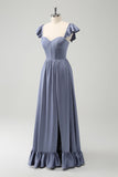 Grey Blue A Line Backless Corset Chiffon Bridesmaid Dress