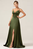 A-Line Spaghetti Straps Olive Satin Long Bridesmaid Dress with Slit