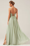 Dusty Sage A-Line Spaghetti Straps Chiffon Long Bridesmaid Dress with Slit