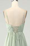 A-Line Dusty Sage Chiffon Spaghetti Straps Long Bridesmaid Dress with Slit