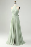 Dusty Sage A Line Halter Chiffon Pleated Long Plus Size Bridesmaid Dress with Slit