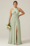 Dusty Sage A Line Halter Chiffon Pleated Long Plus Size Bridesmaid Dress with Slit
