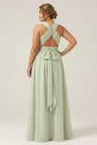 Dusty Sage A Line Halter Chiffon Pleated Long Plus Size Bridesmaid Dress with Slit
