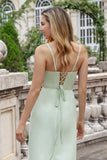 Matcha A Line Spaghetti Straps Satin Long Bridesmaid Dress with Lace Up Back