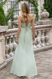 Matcha A Line Spaghetti Straps Satin Long Bridesmaid Dress with Lace Up Back