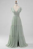 Matcha V Neck A Line Chiffon Long Bridesmaid Dress with Slit