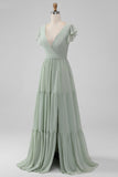 Matcha V Neck A Line Chiffon Long Bridesmaid Dress with Slit