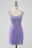 Sparkly Lilac Bodycon Sequins Appliques Short Homecoming Dress with Slit