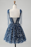 Navy A Line Spaghetti Straps Print Corset Short Homecoming Dress