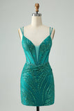 Sparkly Dark Green Bodycon Corset Short Homecoming Dress with Sequins