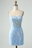 Sparkly Sky Blue Spaghetti Straps Beaded Short Homecoming Dress