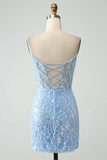 Sparkly Sky Blue Spaghetti Straps Beaded Short Homecoming Dress