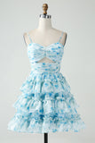 A-Line Tiered Blue Floral Cut Out Short Ball Dress