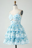 A-Line Spaghetti Straps Tiered Blue Floral Short Homecoming Dress