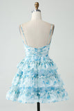 A-Line Tiered Blue Floral Cut Out Short Ball Dress