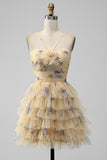 Yellow A Line Halter Tiered Short Tulle Homecoming Dress