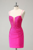 Fuchsia Bodycon Spaghetti Straps Ruched Short Homecoming Dress with Beading