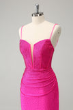 Fuchsia Bodycon Spaghetti Straps Ruched Short Homecoming Dress with Beading