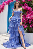 Princess A Line Dark Blue Off The Shoulder Long Tiered Ball Dress
