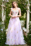 Lavender A Line Corset Long Ball Dress with Embroidered Floral