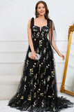 Black A Line Spaghetti Straps Corset Long Ball Dress with Embroidered Floral