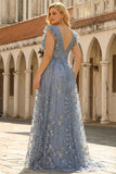 Grey Blue A Line Deep V Neck Open Back Plus Size Prom Dress with Sequins