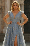 Grey Blue A Line Deep V Neck Open Back Plus Size Prom Dress with Sequins