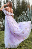 A-Line V-Neck Spaghetti Straps Embroidery Lavender Long Ball Dress with Slit