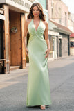 Dusty Sage Satin Mermaid Ruched Halter Bridesmaid Dress