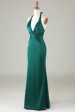 Dusty Sage Satin Mermaid Ruched Halter Bridesmaid Dress