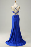 Mermaid Spaghetti Straps Blush Long Ball Dress with Split Front