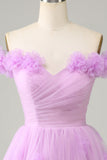 Cute A Line Off the Shoulder Lilac Short Cocktail Dress with Flowers