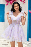 Lavender Off the Shoulder Corset Cocktail Dress with Ruffles