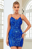 Sheath Spaghetti Straps Royal Blue Sequins Short Cocktail Dress