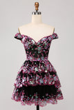 Cute Sparkly Hot Pink A Line Tiered Corset Lace Short Homecoming Dress