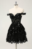 Sparkly Black A Line Off The Shoulder Corset Tiered Lace Short Homecoming Dress