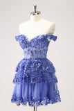 Sparkly A Line Off the Shoulder Dark Blue Corset Homecoming Dress with Ruffles