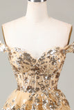 Sparkly Golden Corset Tiered Lace A-Line Short Ball Dress