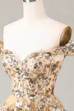 Sparkly Golden Corset Tiered Lace A-Line Short Ball Dress