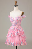 Sparkly Pink A-Line Corset Tiered Lace Short Ball Dress